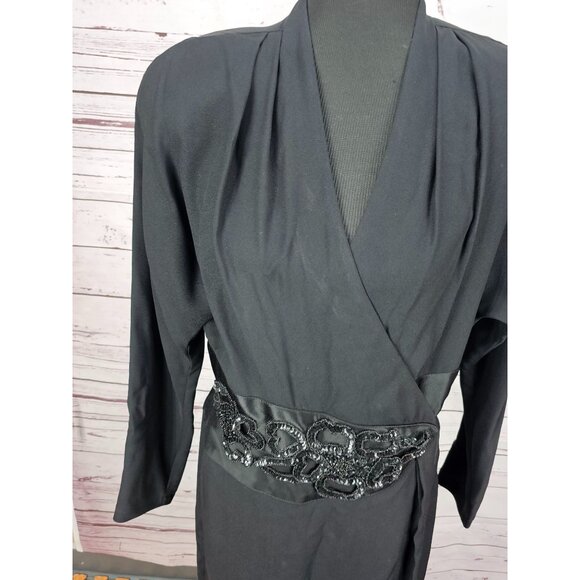 Vintage Cachet Bari Protas Black Dress Beaded Waist Womens Sz M Long Sleeve Gown - Picture 3 of 16